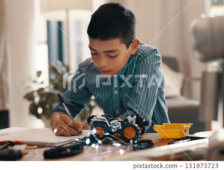 Learning, writing in notebook and kid with robotics homework, homeschool and science for tech project. Taking notes, car robot and boy child with knowledge, education and studying in house alone. Learning, writing in notebook and kid with robotics homework, homeschool and science for tech project. Taking notes, car robot and boy child with knowledge, education and studying in house alone. 131973723