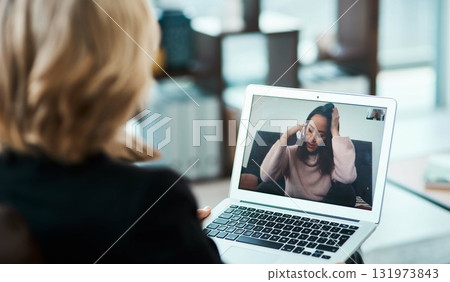 Video call, laptop and online therapy by therapist talking to a depressed person with telehealth for anxiety or mental health. Virtual, psychology and psychologist counseling a woman with depression Video call, laptop and online therapy by therapist talking to a depressed person with telehealth for anxiety or mental health. Virtual, psychology and psychologist counseling a woman with depression 131973843