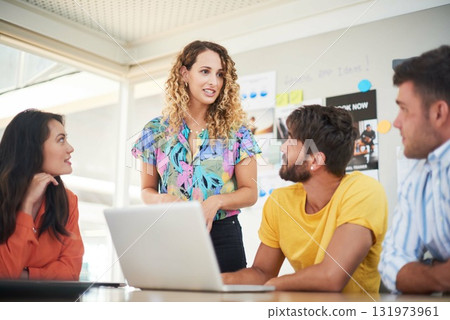 Meeting, leader and business people with laptop in office for creative, thinking or brainstorming solution. Team, collaboration and woman online for presentation, proposal or idea for email marketing Meeting, leader and business people with laptop in office for creative, thinking or brainstorming solution. Team, collaboration and woman online for presentation, proposal or idea for email marketing 131973961