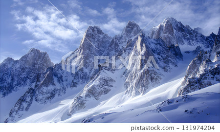 Snow covered mountain peaks under a clear sky. Snow covered mountain peaks under a clear sky. 131974204