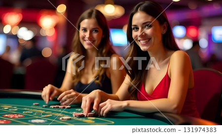 Two women seated at a green felt poker table are engaged in a game, smiling and interacting in a lively casino filled with bright lights and excitement. 131974383