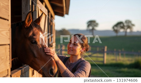 Young female farmer petting a brown horse in a stable at sunset. Rural equestrian lifestyle on a country farm. Human and animal connection concept Young female farmer petting a brown horse in a stable at sunset. Rural equestrian lifestyle on a country farm. Human and animal connection concept 131974606