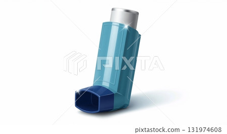 A blue asthma inhaler for respiratory treatment isolated on a white background. Medical device for allergy and breathing problems. Healthcare and pharmaceutical concept 131974608