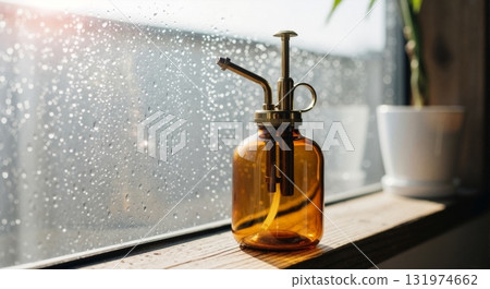 A vintage plant mister on a wooden windowsill in the sunlight. Indoor gardening tool next to a window with water drops. Cozy home atmosphere concept A vintage plant mister on a wooden windowsill in the sunlight. Indoor gardening tool next to a window with water drops. Cozy home atmosphere concept 131974662
