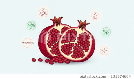 Pomegranate fruit illustration with health benefit icons. Healthy food and nutrition concept with antioxidants. Vector graphic for wellness and skincare topics Pomegranate fruit illustration with health benefit icons. Healthy food and nutrition concept with antioxidants. Vector graphic for wellness and skincare topics 131974664