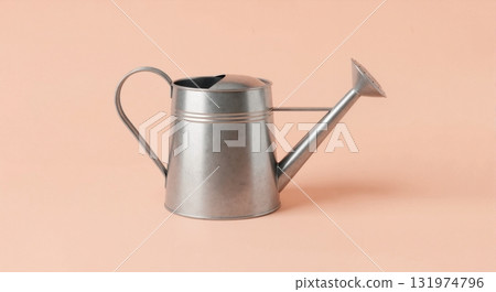 A vintage watering can made of brushed metal on a pastel background. Minimalist gardening tool for plant care with copy space 131974796