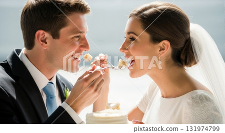 Happy bride and groom feeding each other wedding cake. A newlywed couple shares a romantic moment during a reception tradition. Marriage and love celebration Happy bride and groom feeding each other wedding cake. A newlywed couple shares a romantic moment during a reception tradition. Marriage and love celebration 131974799