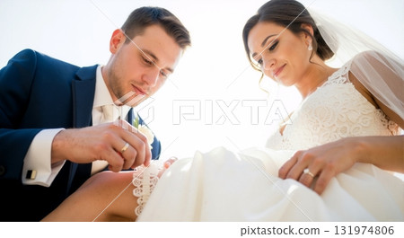 Groom putting a lace garter on the bride's leg during a wedding tradition. Intimate moment for a newlywed couple on their celebration day Groom putting a lace garter on the bride's leg during a wedding tradition. Intimate moment for a newlywed couple on their celebration day 131974806