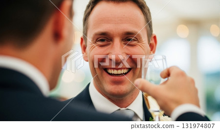 A happy man smiling during a wedding toast. Close-up of a groom or best man celebrating with a friend at a reception. Joyful moment at a special occasion A happy man smiling during a wedding toast. Close-up of a groom or best man celebrating with a friend at a reception. Joyful moment at a special occasion 131974807