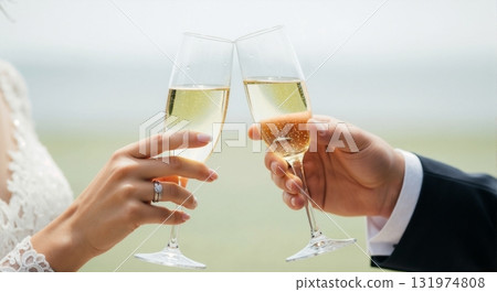 Bride and groom toasting with champagne glasses. Close-up of a newlywed couple's hands during a wedding celebration. Marriage and special occasion concept Bride and groom toasting with champagne glasses. Close-up of a newlywed couple's hands during a wedding celebration. Marriage and special occasion concept 131974808