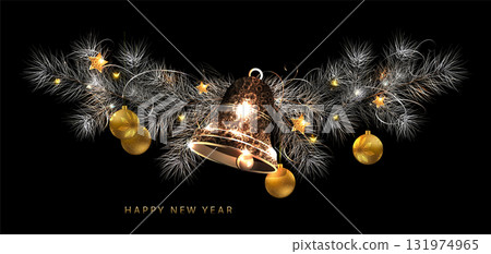 Merry Christmas. Isolated composition of a golden bell and fir tree branches 131974965