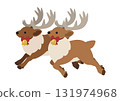 Cute vector illustration of reindeer wearing Christmas ribbons running in a line 131974968