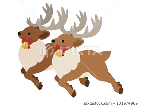 Cute vector illustration of reindeer wearing Christmas ribbons running in a line 131974969
