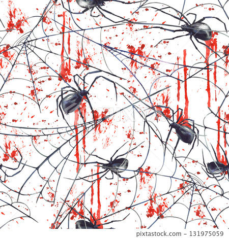 Spiders on cobweb with Blood splatters and stains seamless pattern. Hand drawn watercolor illustration scary bloody spiderweb for Halloween fabric, Isolated from background for packaging, scrapbooking Spiders on cobweb with Blood splatters and stains seamless pattern. Hand drawn watercolor illustration scary bloody spiderweb for Halloween fabric, Isolated from background for packaging, scrapbooking 131975059