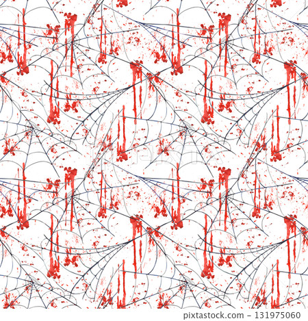 Spider web with Blood splatters and stains seamless pattern. Watercolor painted cobweb illustration scary bloody spiderweb for Halloween on isolated white background black red packaging, horror fabric Spider web with Blood splatters and stains seamless pattern. Watercolor painted cobweb illustration scary bloody spiderweb for Halloween on isolated white background black red packaging, horror fabric 131975060