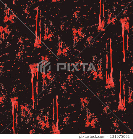 Blood splatters and stains seamless pattern. Red blots of watercolor illustration isolated dark black background Realistic bloody splatters for Halloween Drop for blood concept for fabric, packaging 131975061