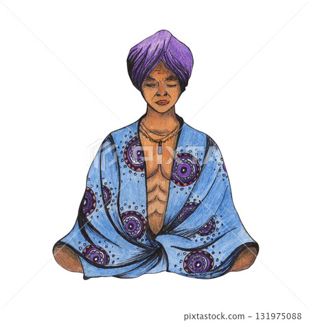 Indian man in lotus position, in national exotic costume, drawing colored pencils. A yogi meditates in turban, breathing practice. Hand drawn Sikh character, children illustration, male Eastern image Indian man in lotus position, in national exotic costume, drawing colored pencils. A yogi meditates in turban, breathing practice. Hand drawn Sikh character, children illustration, male Eastern image 131975088
