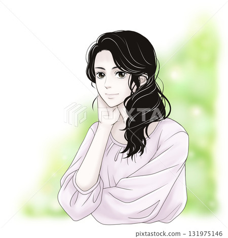 一位微笑的女人用手托著下巴的插圖 131975146