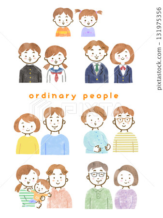 從兒童到老人的各世代的人的上半身插圖集 131975356