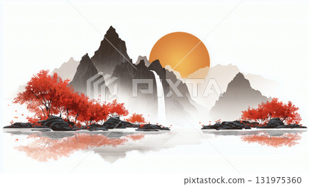 Green hills and red trees sunset illustration Green hills and red trees sunset illustration 131975360