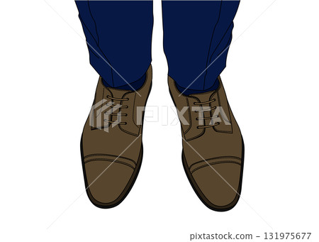 A bird's-eye view of a man's feet wearing business shoes. Color A bird's-eye view of a man's feet wearing business shoes. Color 131975677