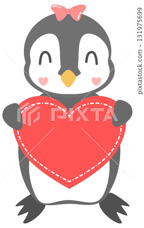 Cute Penguin Holding a blank Red Heart label, created by hand drawn 131975699