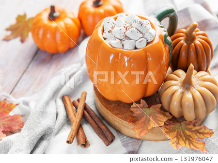 Pumpkin hot chocolate with marshmallows enjoying autumn season 131976047