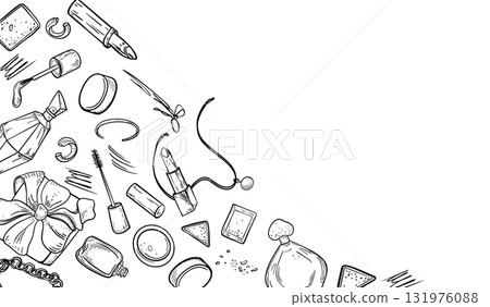 Decorative make up black white vector border. Hand drawn perfume bottles, makeup items and jewelry for girls. Feminine monochrome design for package, gift wrap and beauty blog. Decorative make up black white vector border. Hand drawn perfume bottles, makeup items and jewelry for girls. Feminine monochrome design for package, gift wrap and beauty blog. 131976088