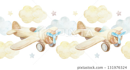 Wooden toy airplane with clouds and stars seamless border. Hand drawn watercolor illustration isolated. Pastel clip art for birthday cards, baby shower invitations and nursery wallpapers. Wooden toy airplane with clouds and stars seamless border. Hand drawn watercolor illustration isolated. Pastel clip art for birthday cards, baby shower invitations and nursery wallpapers. 131976324
