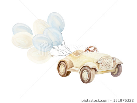 Wooden toy car and balloons. Hand drawn watercolor illustration isolated. Pastel clip art for birthday cards, baby shower invitations, nursery posters. Wooden toy car and balloons. Hand drawn watercolor illustration isolated. Pastel clip art for birthday cards, baby shower invitations, nursery posters. 131976328