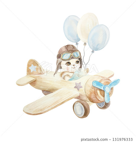 Teddy bear flying in an airplane with balloons. Hand drawn watercolor illustration isolated. Pastel clip art for birthday cards, baby shower invitations and nursery posters. 131976333