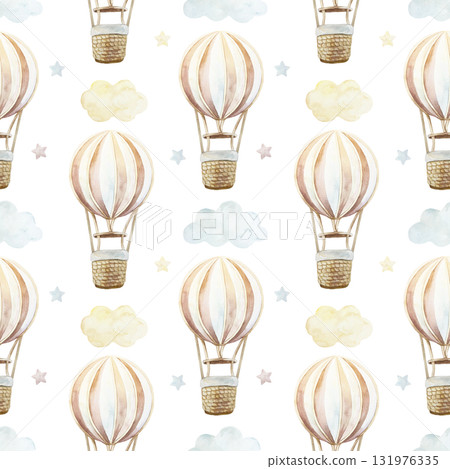 Hot air balloons, clouds and stars seamless pattern. Hand drawn watercolor illustration. Pastel clip art for birthday cards, baby shower invitations, nursery wallpaper, textiles, wrapping paper. Hot air balloons, clouds and stars seamless pattern. Hand drawn watercolor illustration. Pastel clip art for birthday cards, baby shower invitations, nursery wallpaper, textiles, wrapping paper. 131976335