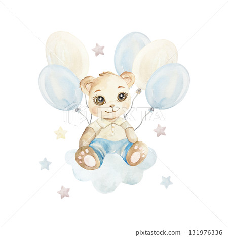 Teddy bear sitting on a cloud with balloons. Hand drawn watercolor illustration isolated. Pastel clip art for birthday cards, baby shower invitations and nursery posters. 131976336