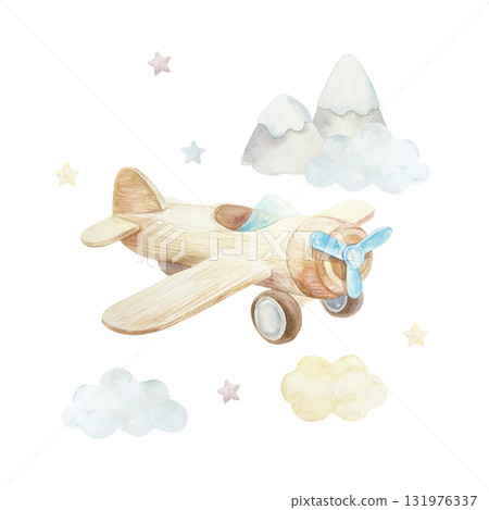 Wooden toy airplane flying with clouds and stars. Hand drawn watercolor illustration isolated. Rustic clip art for birthday cards, baby shower invitations and nursery posters. 131976337