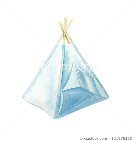 Blue teepee tent for childrens play. Hand drawn watercolor illustration isolated. Pastel clip art for birthday cards, baby shower invitations and nursery posters. Blue teepee tent for childrens play. Hand drawn watercolor illustration isolated. Pastel clip art for birthday cards, baby shower invitations and nursery posters. 131976338