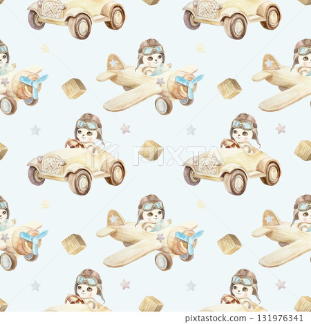 Teddy bear flying on an airplane and a teddy bear in a car seamless pattern. Hand drawn watercolor illustration. Clip art for birthday cards, baby shower invitations, nursery wallpaper, textiles. 131976341