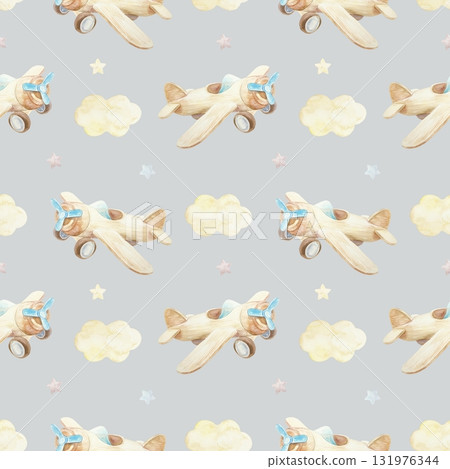 Wooden toy airplane with clouds and stars seamless pattern. Hand drawn watercolor illustration. Pastel clip art for birthday cards, baby shower invitations, nursery wallpaper and newborn textiles. Wooden toy airplane with clouds and stars seamless pattern. Hand drawn watercolor illustration. Pastel clip art for birthday cards, baby shower invitations, nursery wallpaper and newborn textiles. 131976344