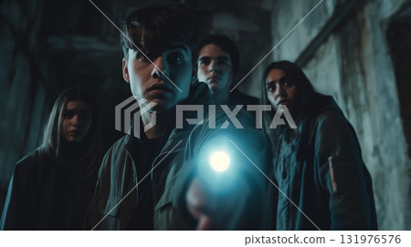 A group of university students explores abandoned buildings: An invisible presence creeps up on them 131976576