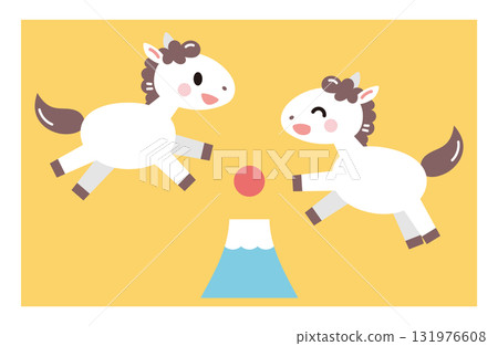 Illustration of two white horses playing with Mount Fuji, Year of the Horse, New Year's material, First sunrise 131976608