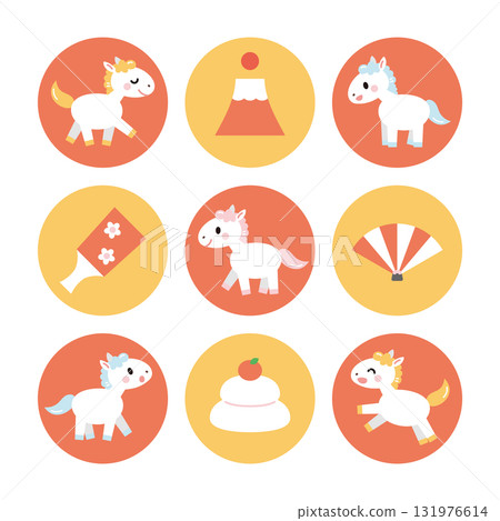 Illustration of a lucky charm and horse, square, Year of the Horse, New Year's material Illustration of a lucky charm and horse, square, Year of the Horse, New Year's material 131976614