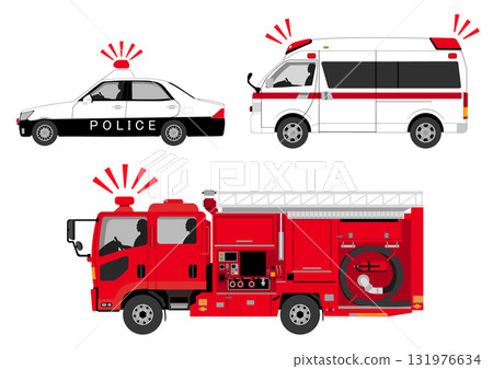 Emergency vehicles, including police cars, ambulances, and fire engines, all blaring sirens 131976634