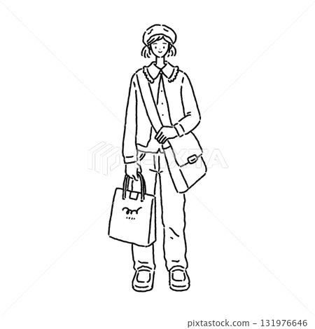 戴著貝雷帽的可愛女子線條畫 131976646