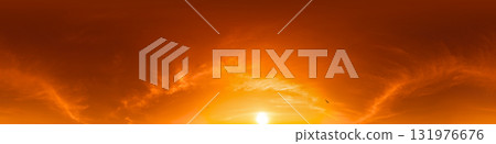 360 panorama of glowing sunset sky with bright pink Cirrus clouds. HDR 360 seamless spherical panorama. Full zenith or sky dome sky replacement for aerial drone panoramas. Climate and weather change. 131976676