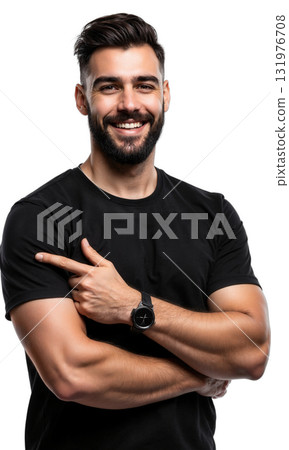 Black T-Shirt Confidence Fit man with trimmed beard wearing black T-shirt, pointing at himself while smiling, studio setup, white background Black T-Shirt Confidence Fit man with trimmed beard wearing black T-shirt, pointing at himself while smiling, studio setup, white background 131976708