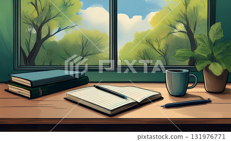 Illustration of a desk by a window overlooking the forest 131976771