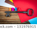 Idea concept with colorful wooden letters forming the word idea next to an old vintage key on bright 131976915