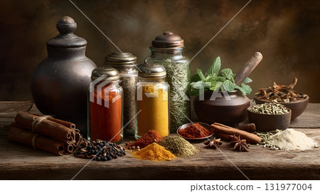 spices and herbs on rustic table realistic style 131977004