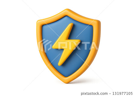 3D shield with yellow lightning bolt symbol blue background and orange border representing protection energy and safety suitable for insurance security or natural disaster concepts 131977105