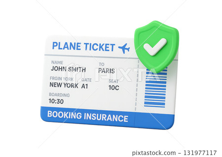 Plane ticket with floating green shield booking insurance travel protection flight boarding pass secure journey Paris destination New York departure digital concept safe trip 131977117