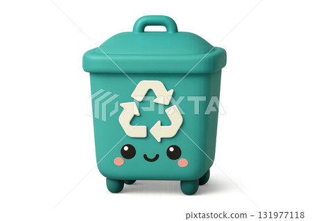 Cute recycle bin with kawaii face teal color recycling arrows symbol waste management cheerful expression environmental concept plastic container isolated on transparency background 131977118